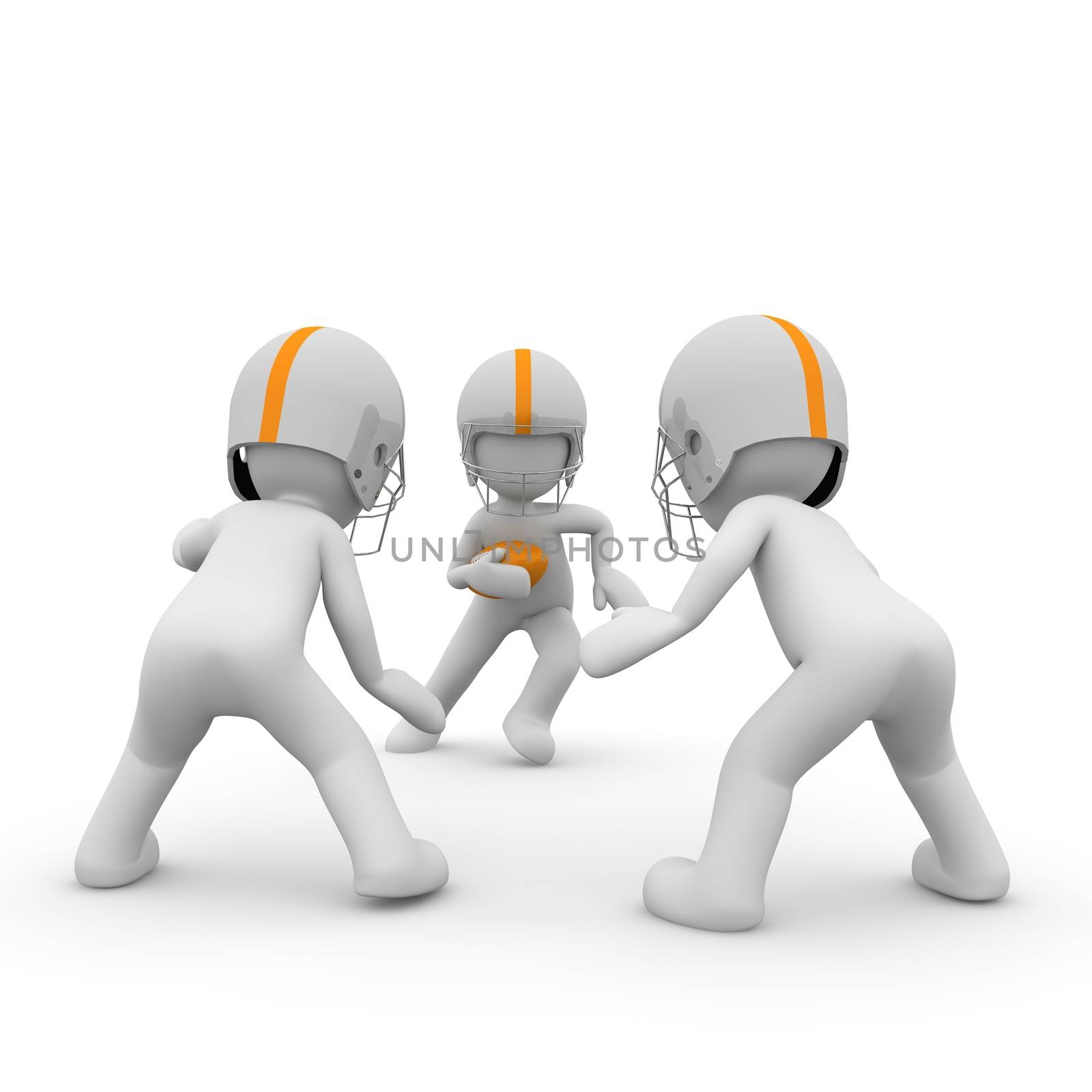 Three 3d characters play together in a threesome American football.