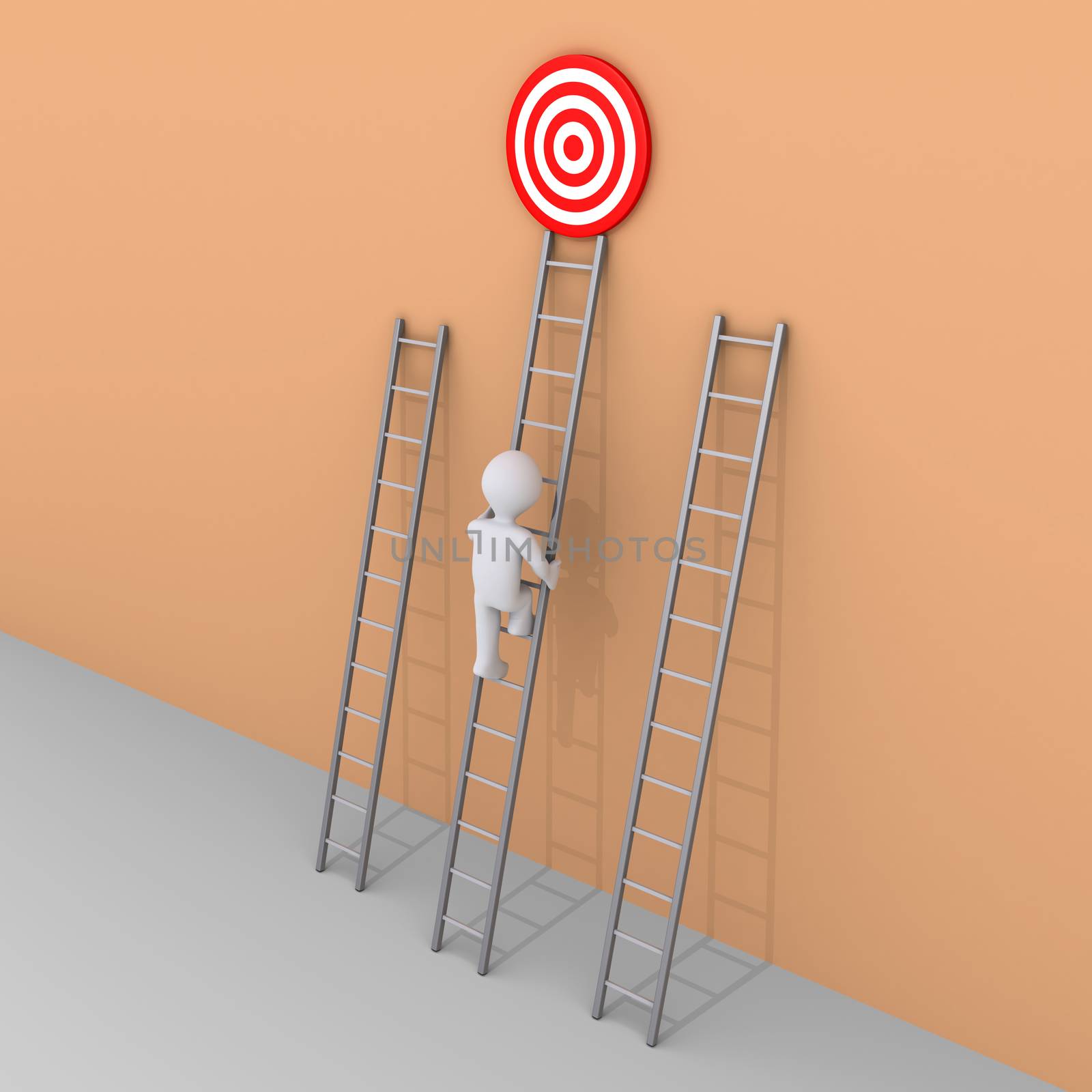 3d person is climbing the ladder that leads to the target