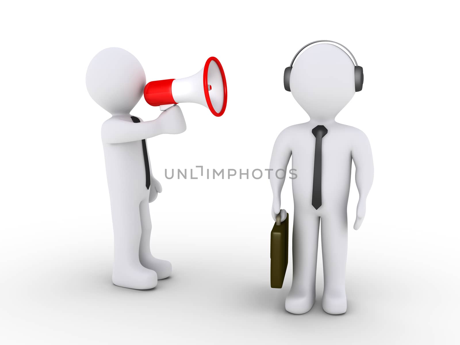 3d businessman is shouting using megaphone to another who is wearing a headset