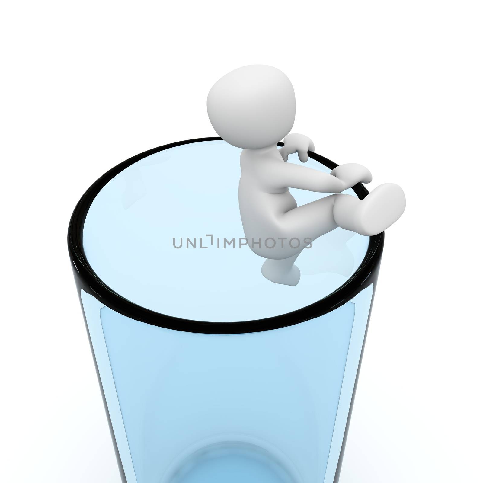 A 3D character tries to escape from a glass.