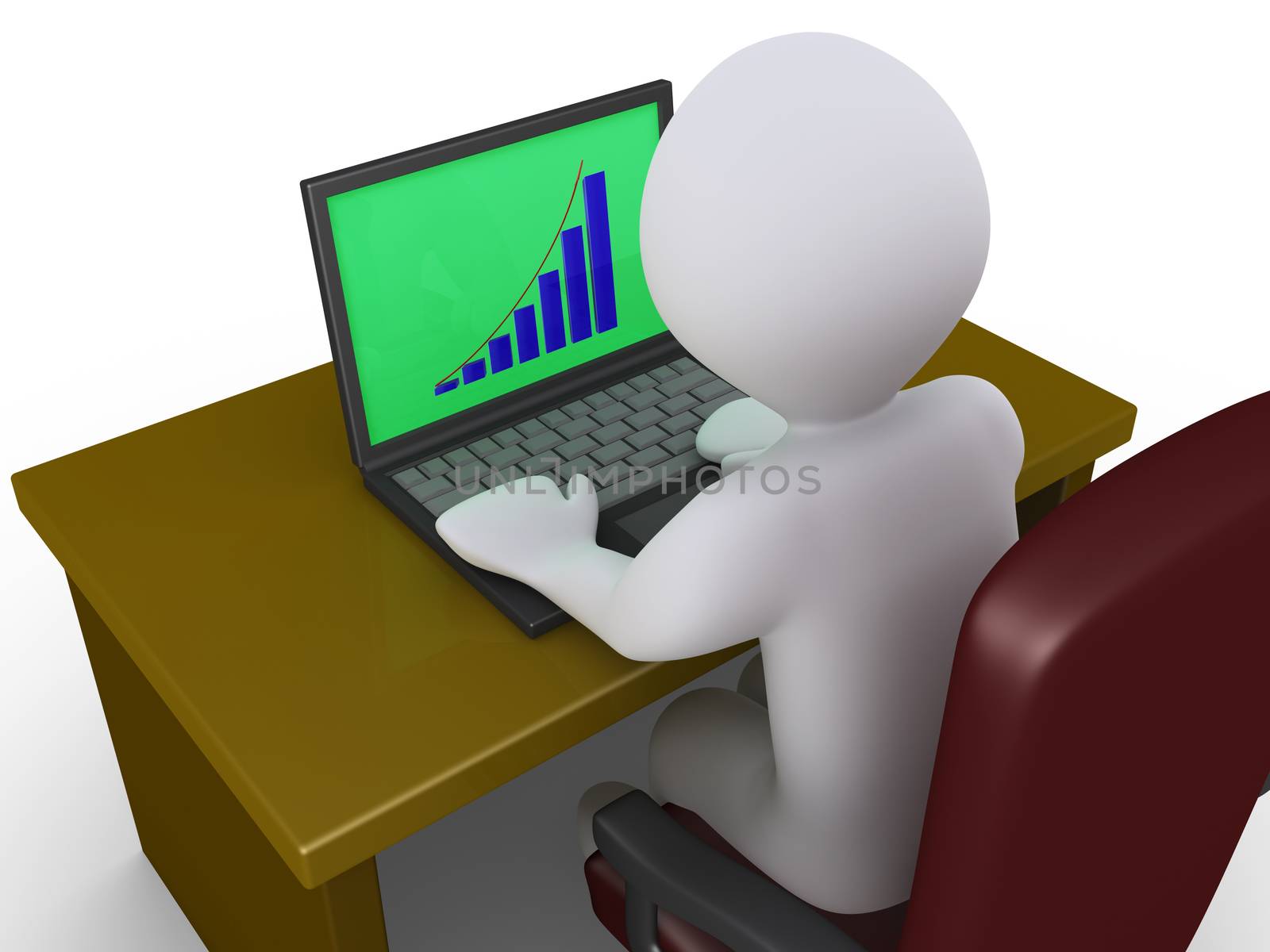 3d person sitting on a chair behind a desk is looking at laptop