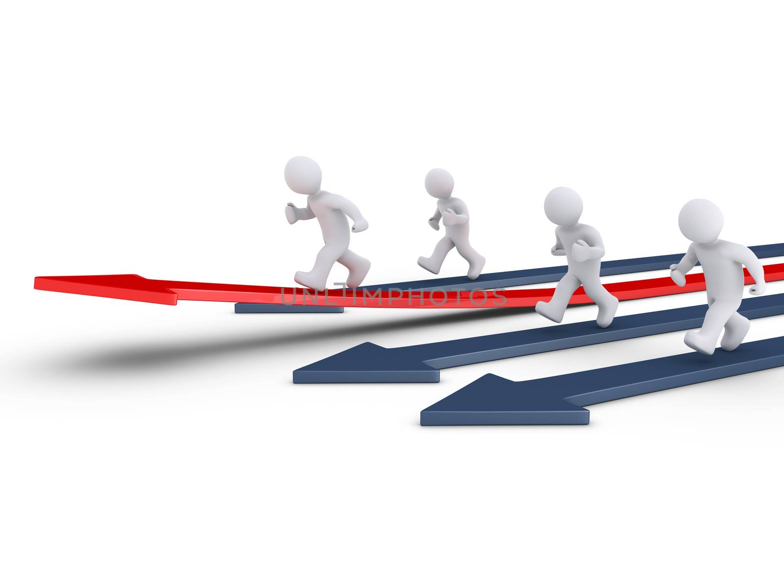 3d people are running on arrows and one is rising defining the leader