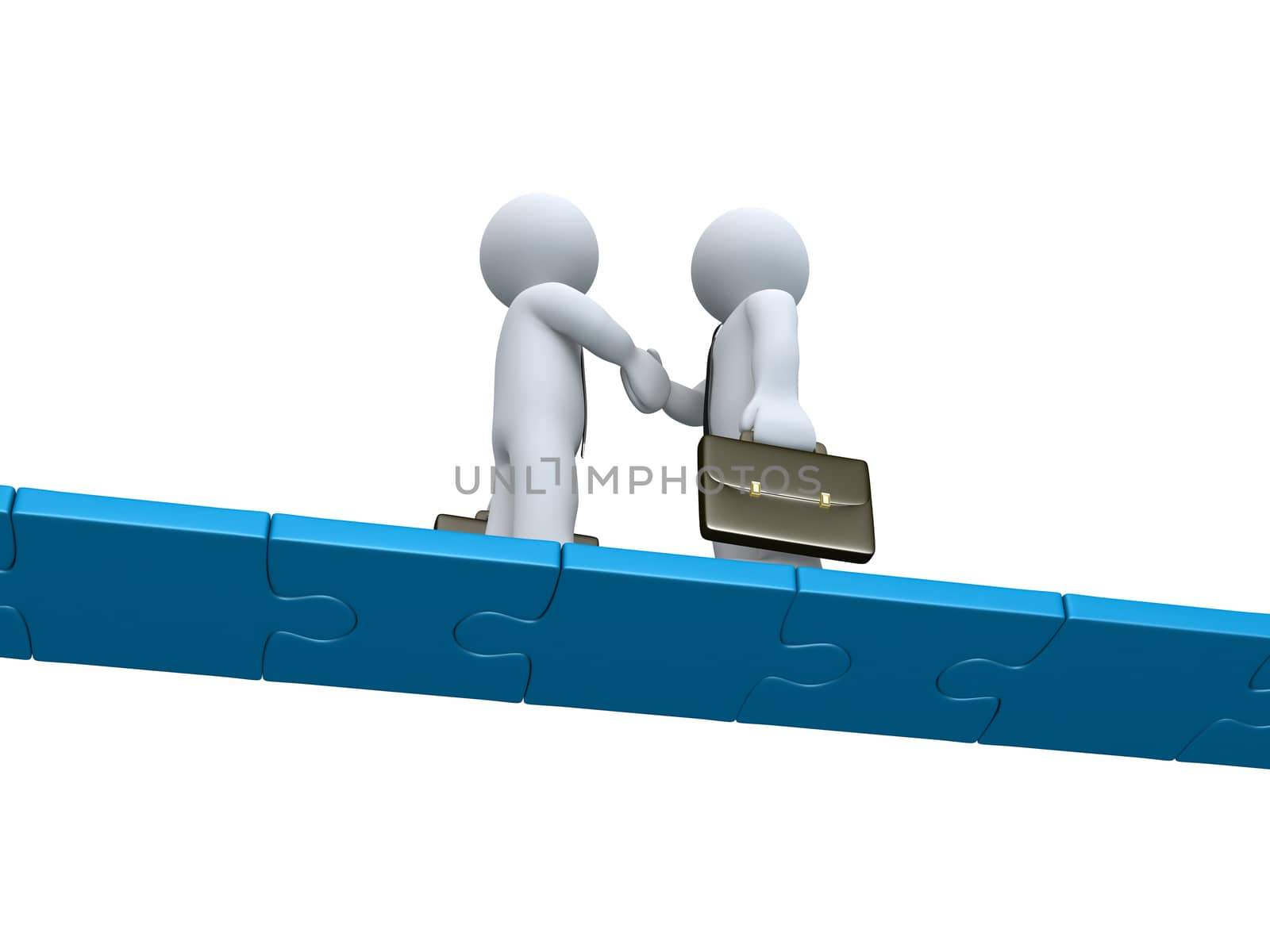 Two 3d businessmen shake hands on a bridge made of puzzle pieces