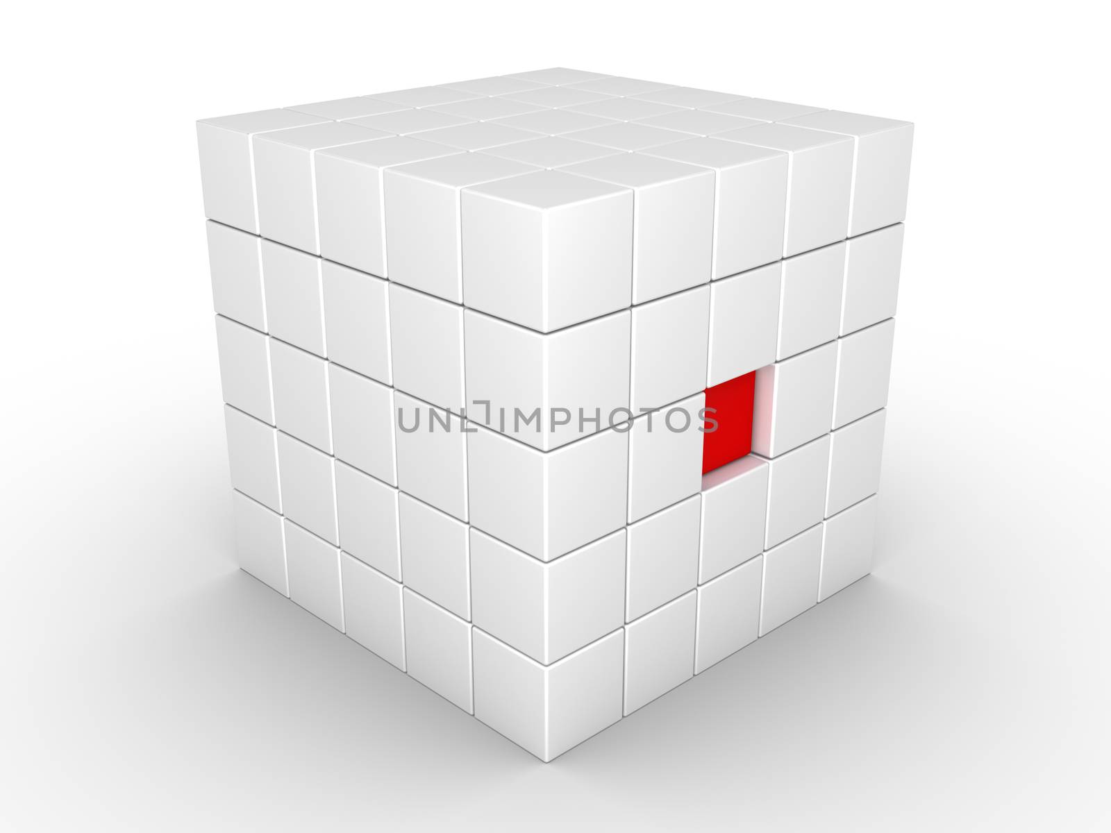 One 3d cube is pressed inside of object made of cubes