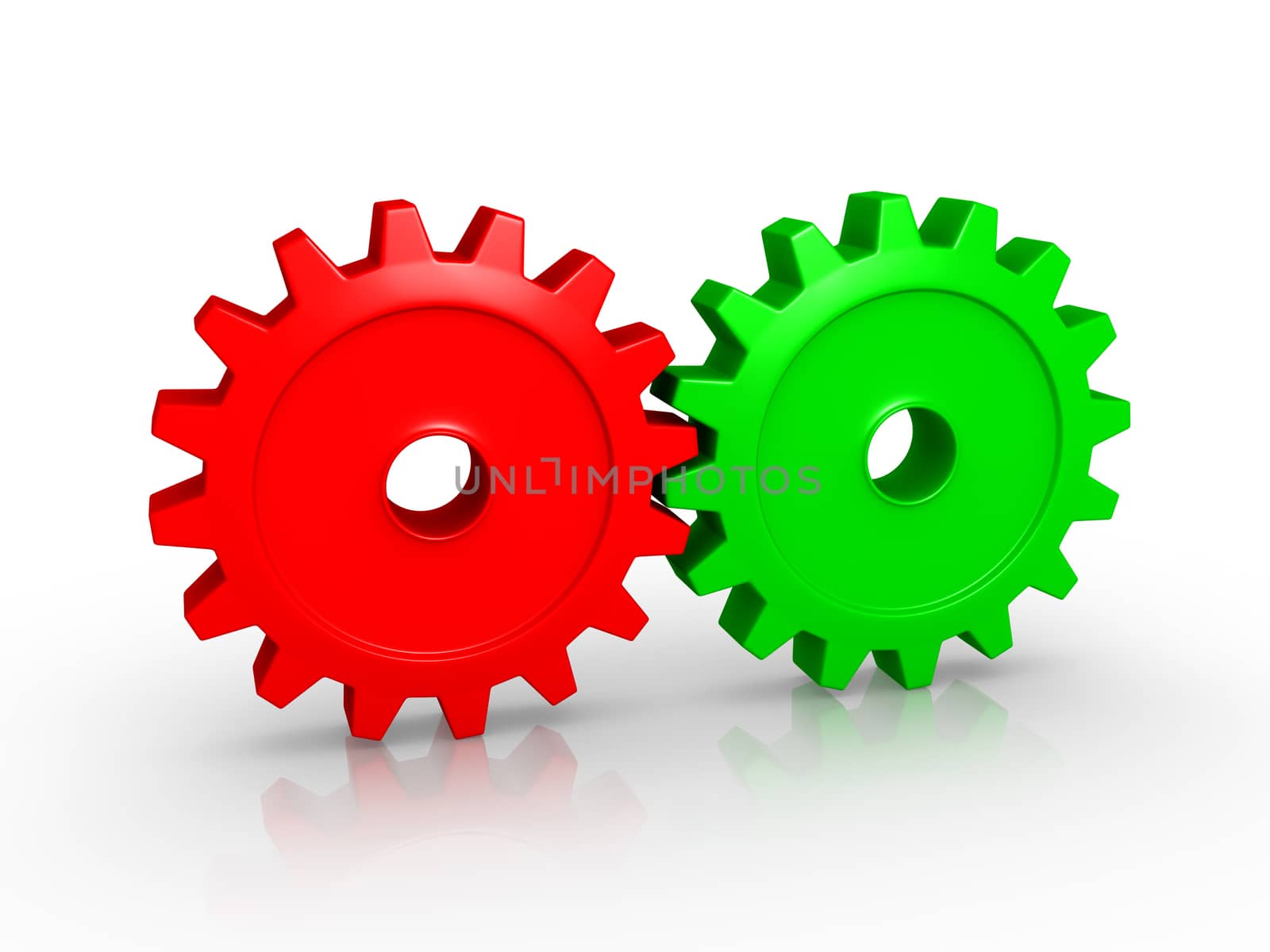 Two different colored 3d cogwheels are connected