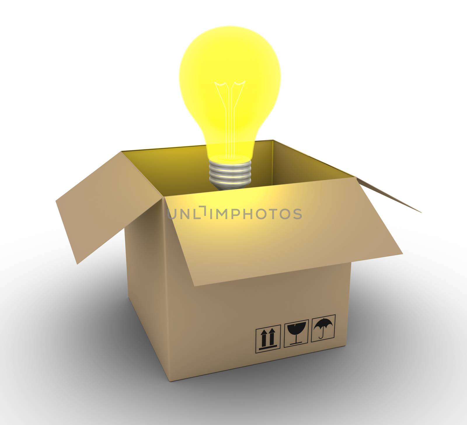 3d light bulb coming out of a carton box
