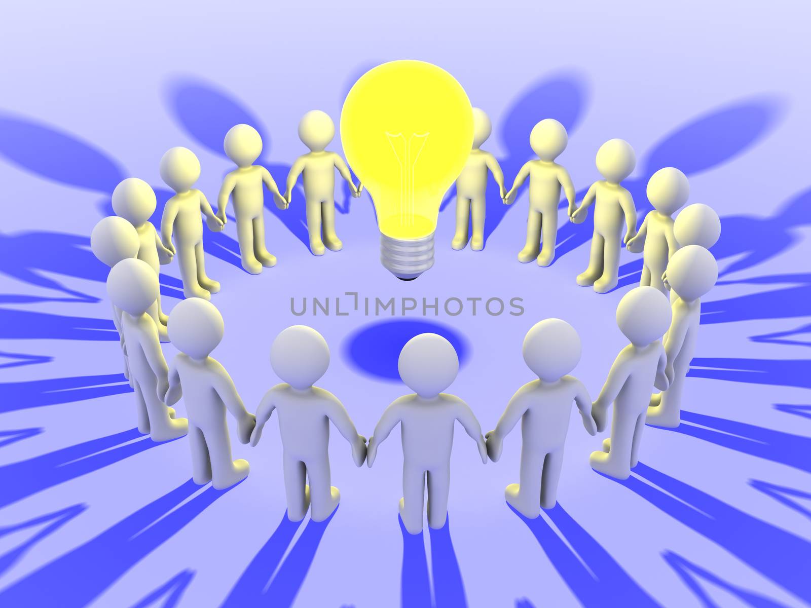 3d people form a circle around a light bulb