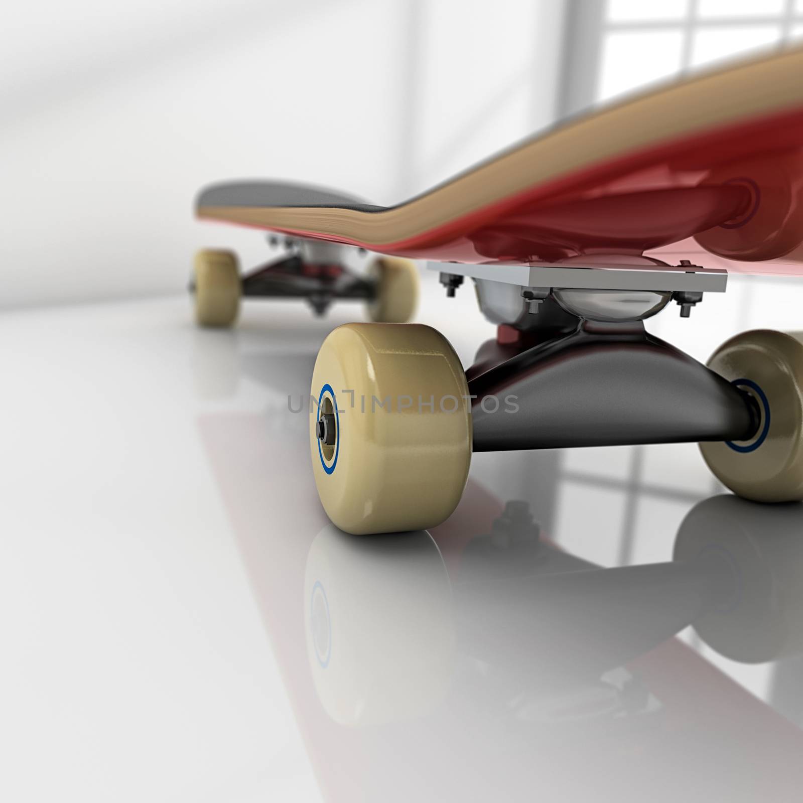Skateboard on white room with glossy floor