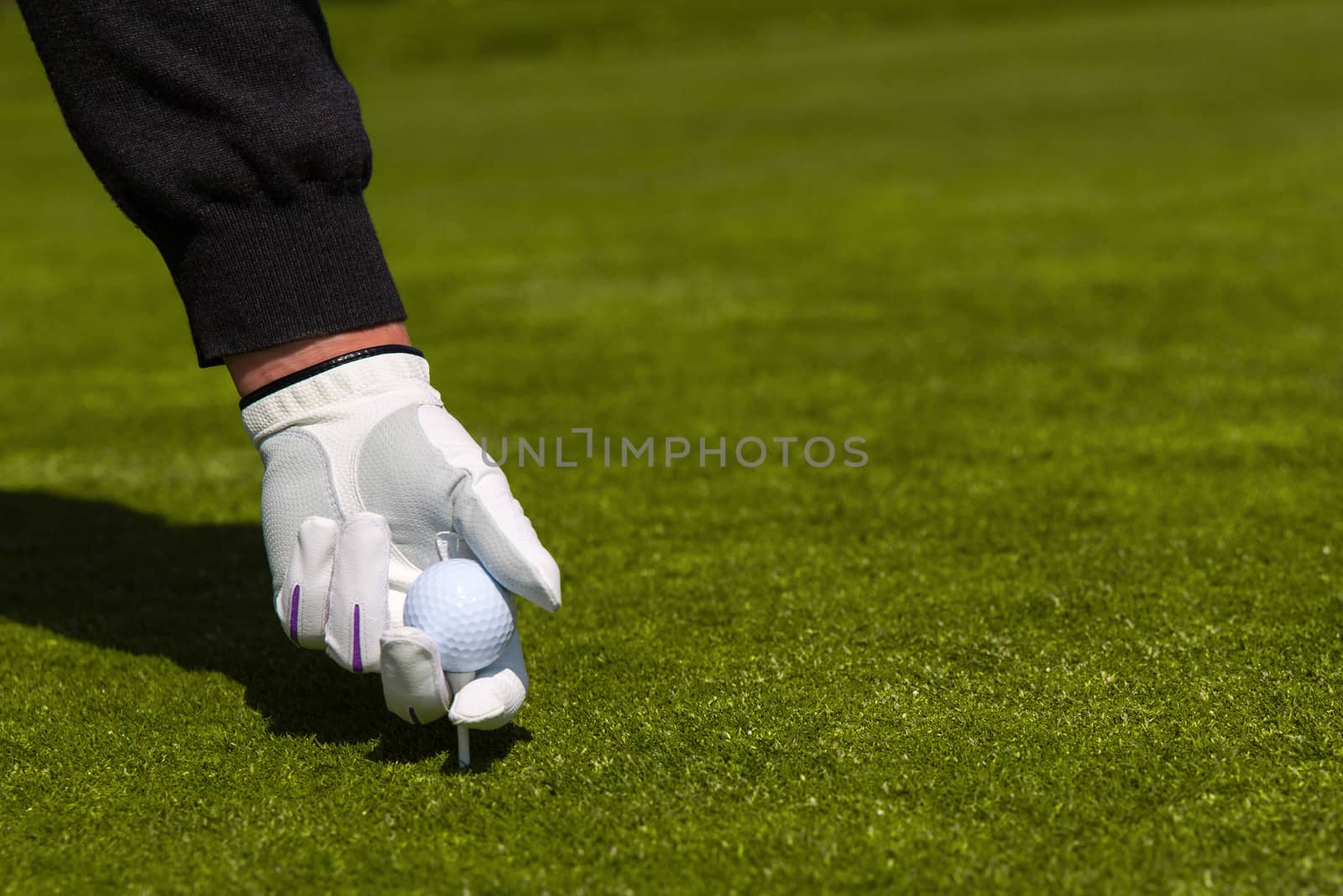 A close up of a golfer with a white glove placing a ball on a tee 