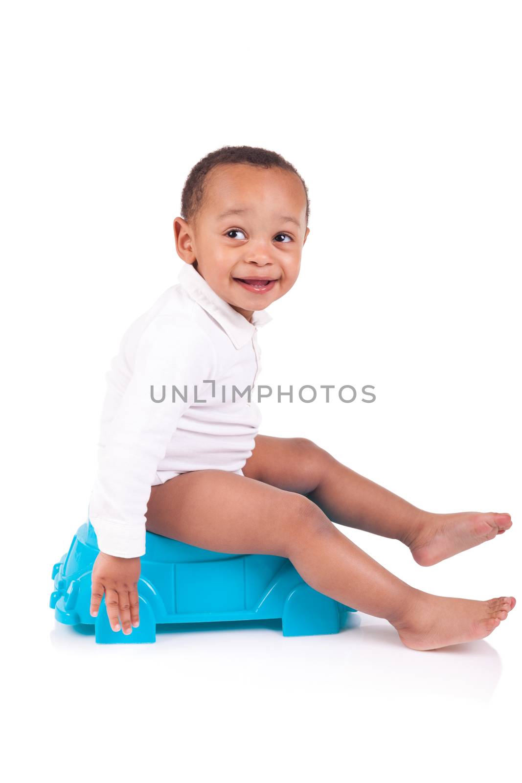 Child on potty play isolated over white