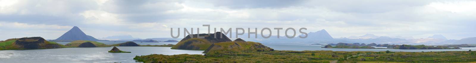 Iceland landscape at summer cloudy day. Mountain lake Myvatn. Panorama