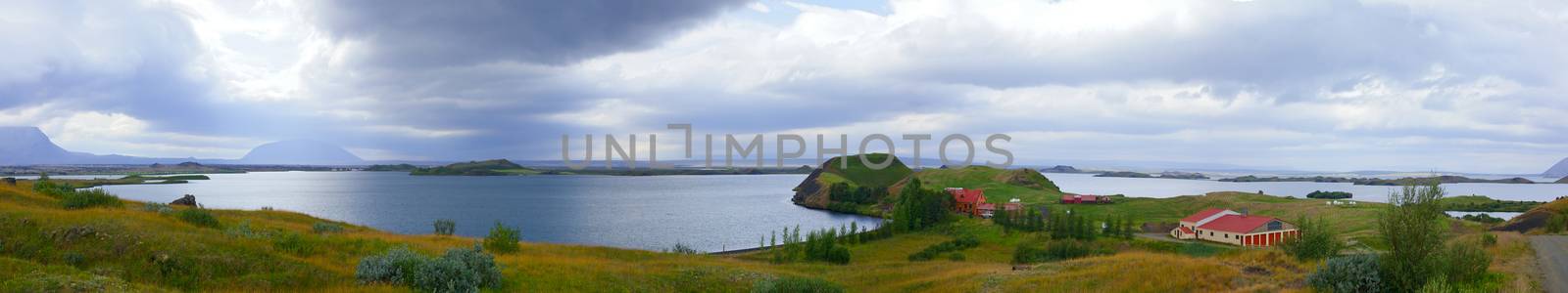 Iceland landscape at summer cloudy day. Mountain lake Myvatn. Panorama