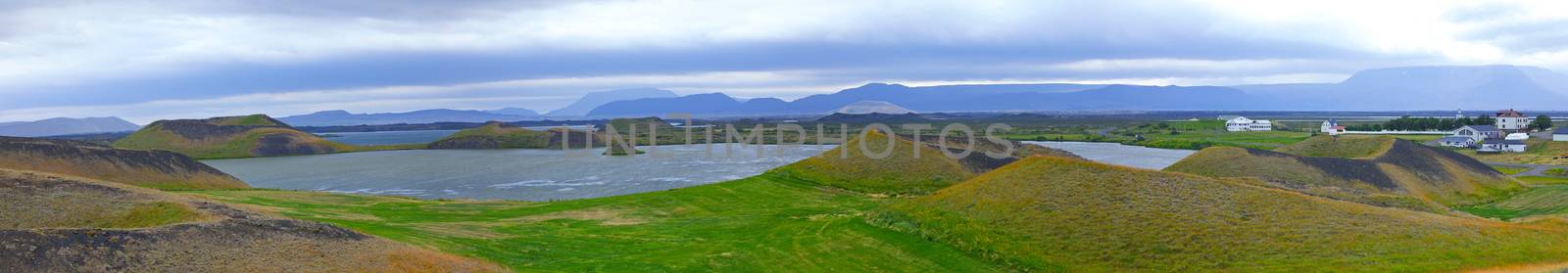 Iceland landscape at summer cloudy day. Mountain lake Myvatn. Panorama