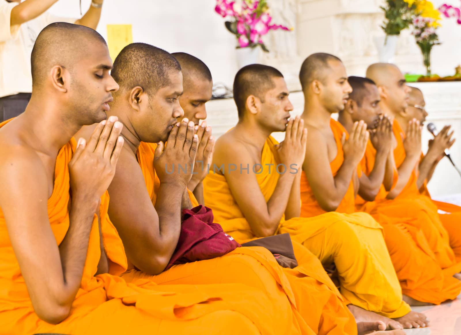 A group of monks chanting and giving blessings