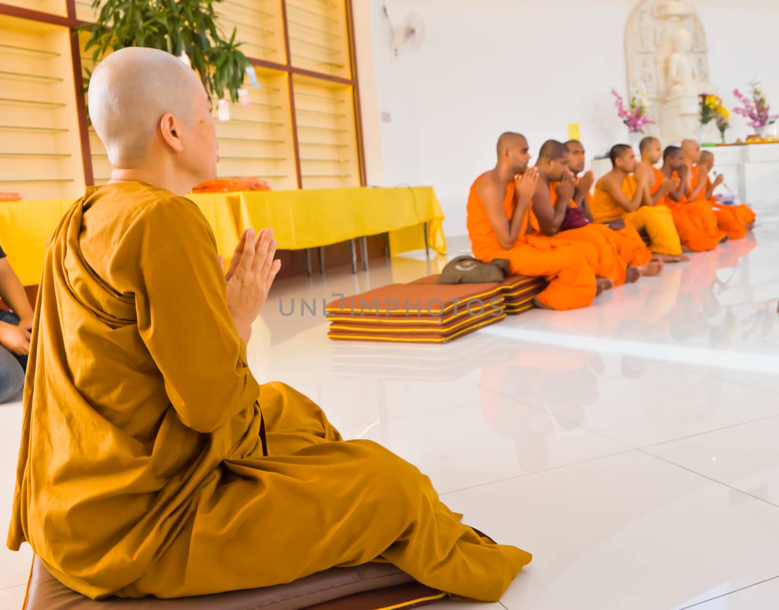 A Buddhist nun listening to chanting given by monks 