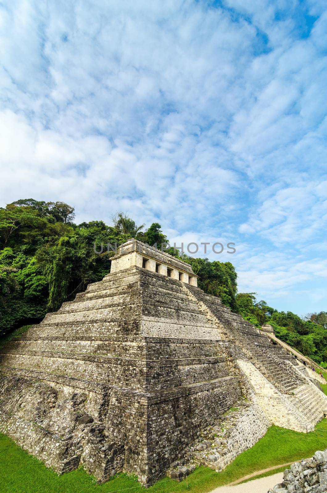 Vertical view of the Temple of Inscriptions at Palenque with a beautiful sky