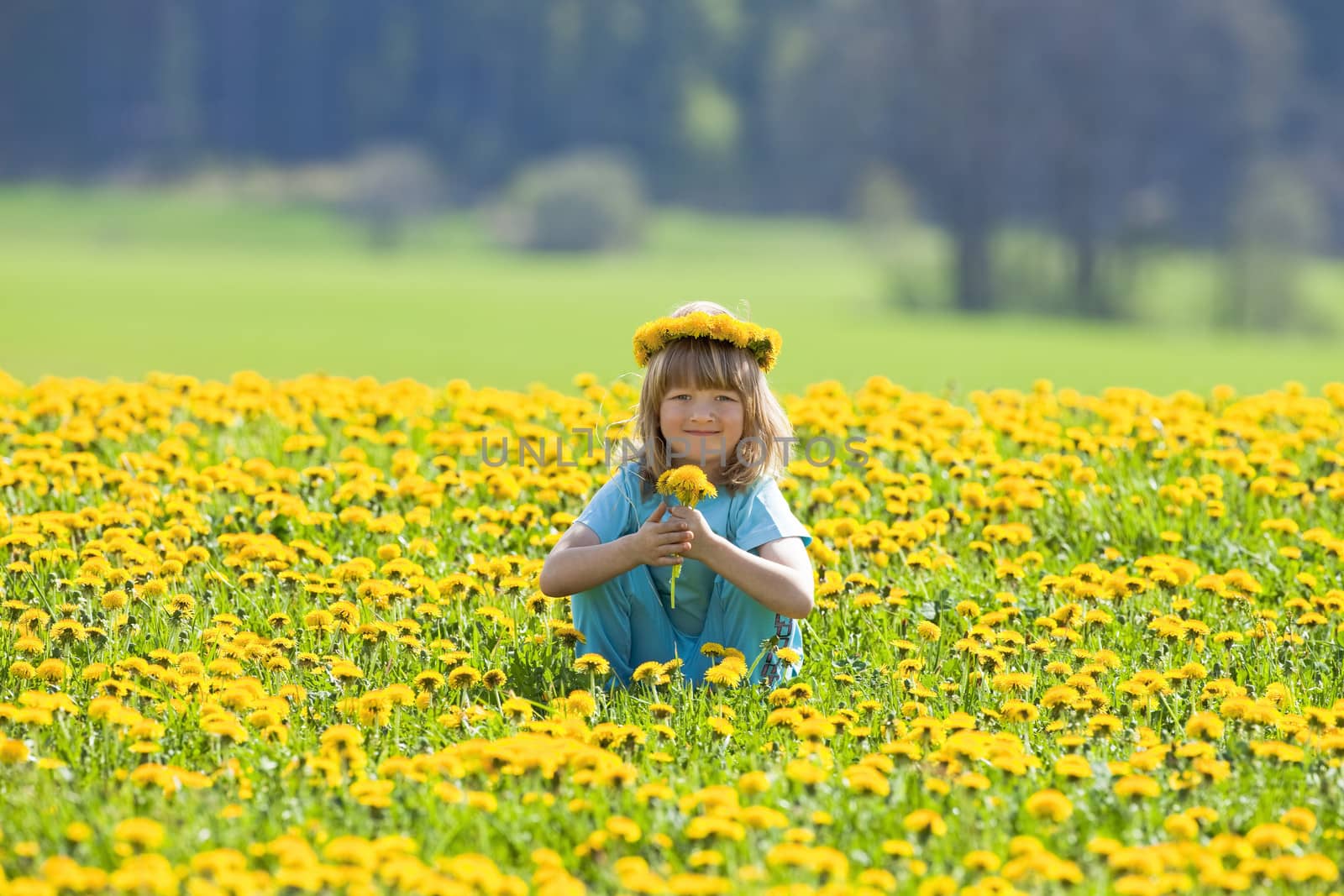 boy with long blond hair picking dandelions in a field smiling