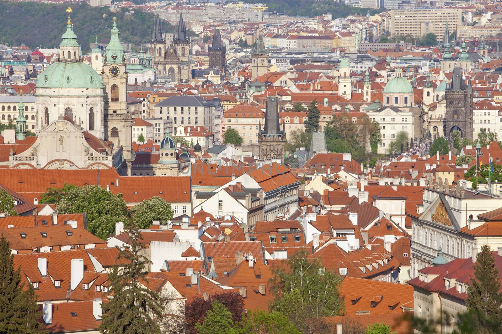 czech republic, prague - spires of the old town over mala strana rooftops