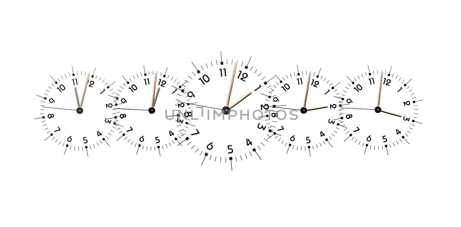 Time concept. Few clock faces from eleven to three hours on white background