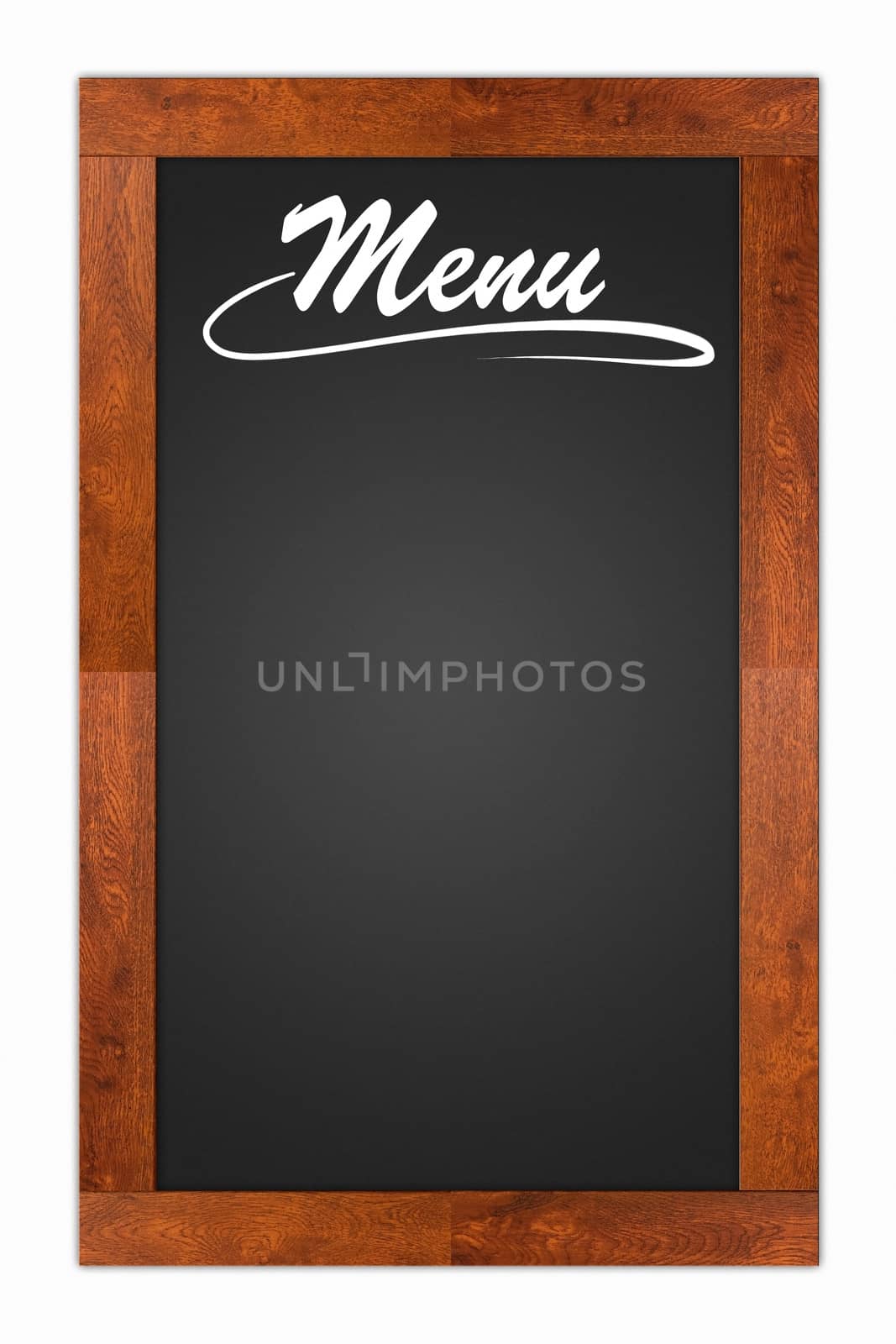 Menu written on a blank blackboard with wooden frame isolated on white background