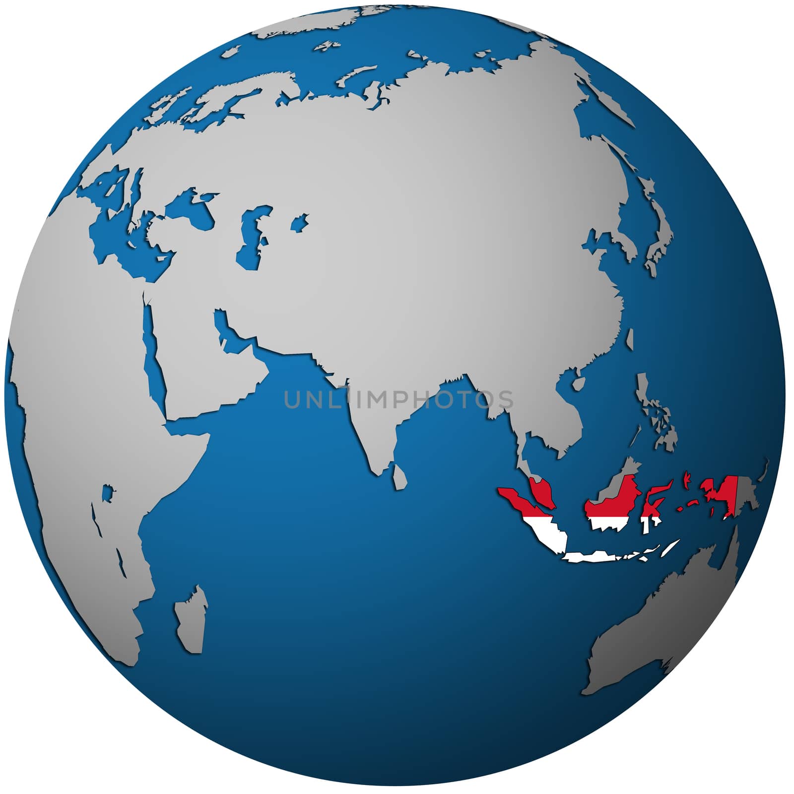 isolated over white territory of indonesia with flag on globe map