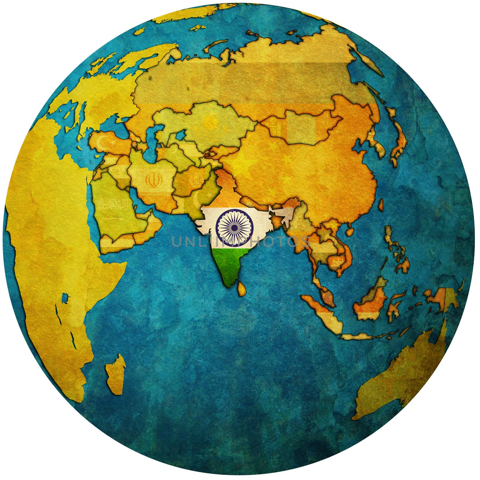 isolated over white territory of india with flag on globe map