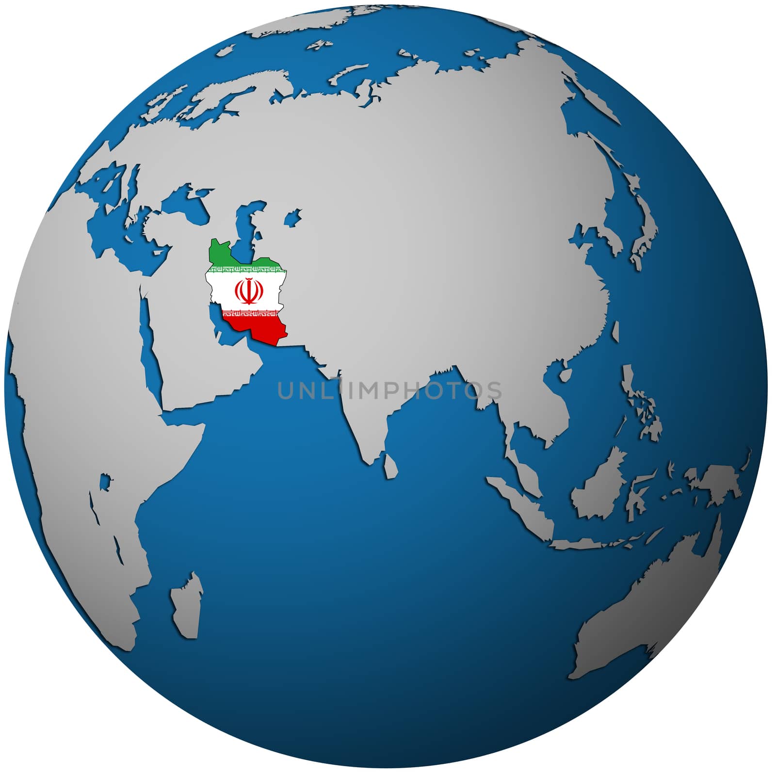 isolated over white territory of iran with flag on globe map