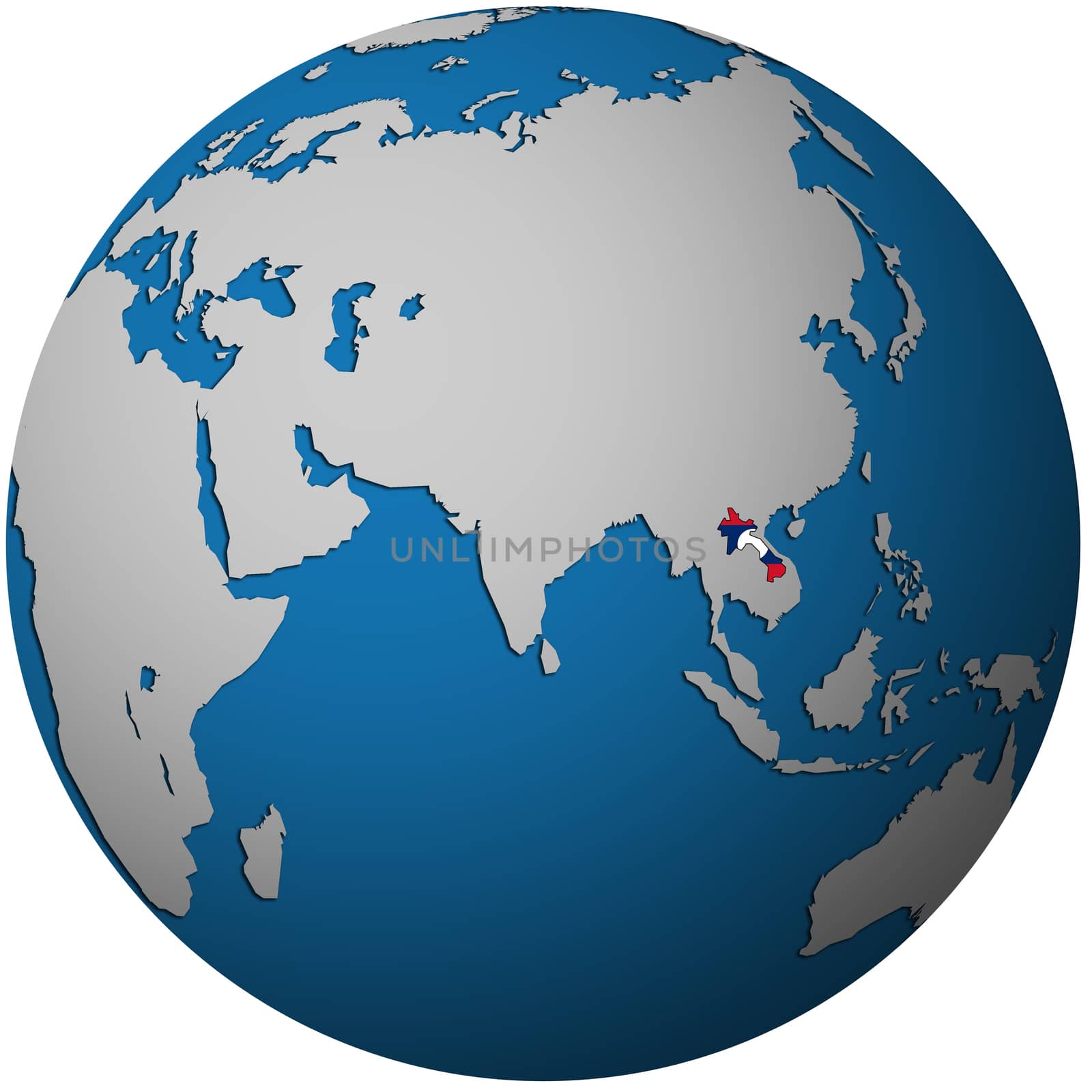 isolated over white territory of laos with flag on globe map