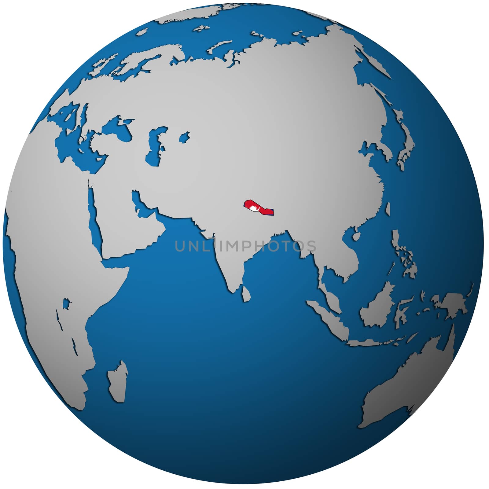 isolated over white territory of nepal with flag on globe map