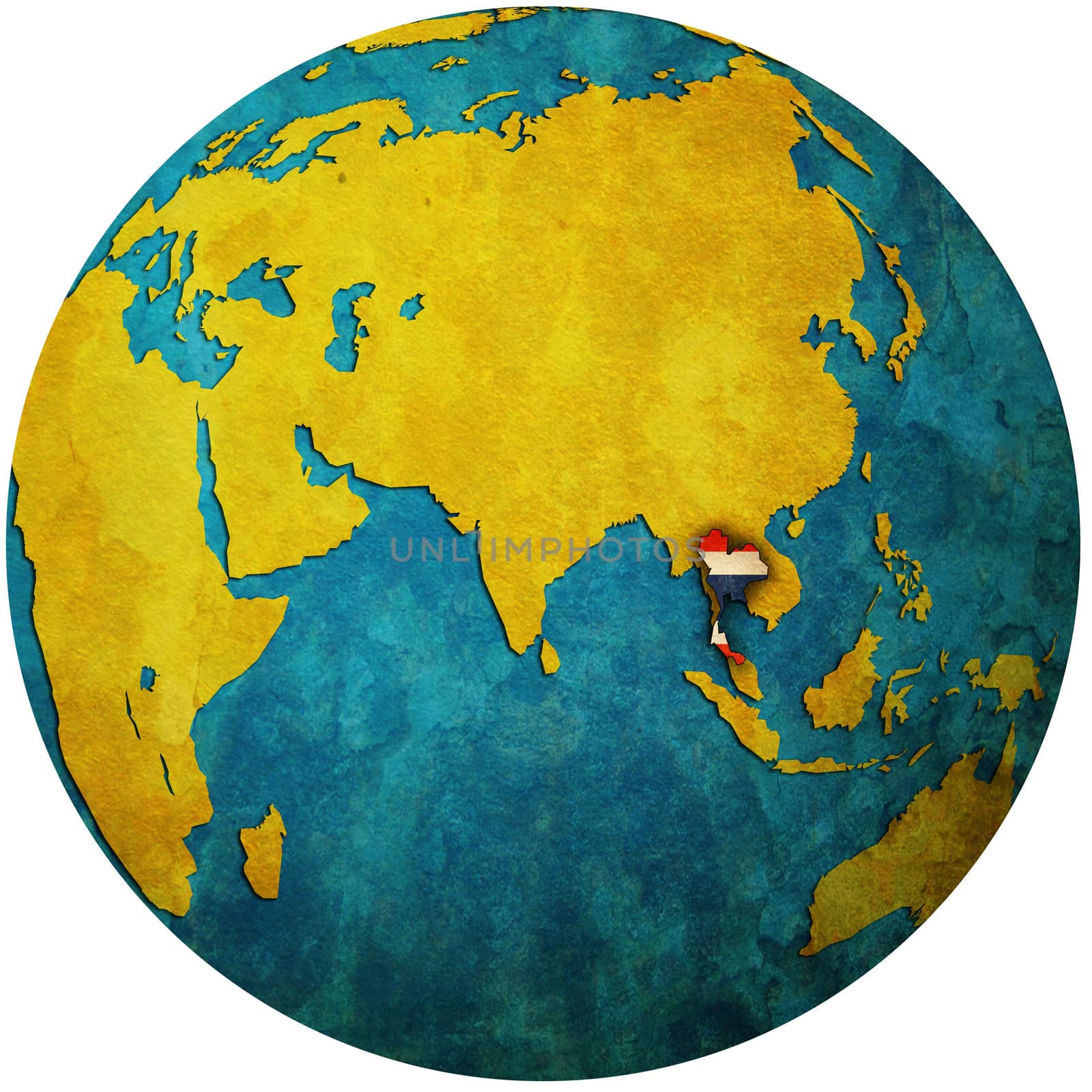 isolated over white territory of thailand with flag on globe map