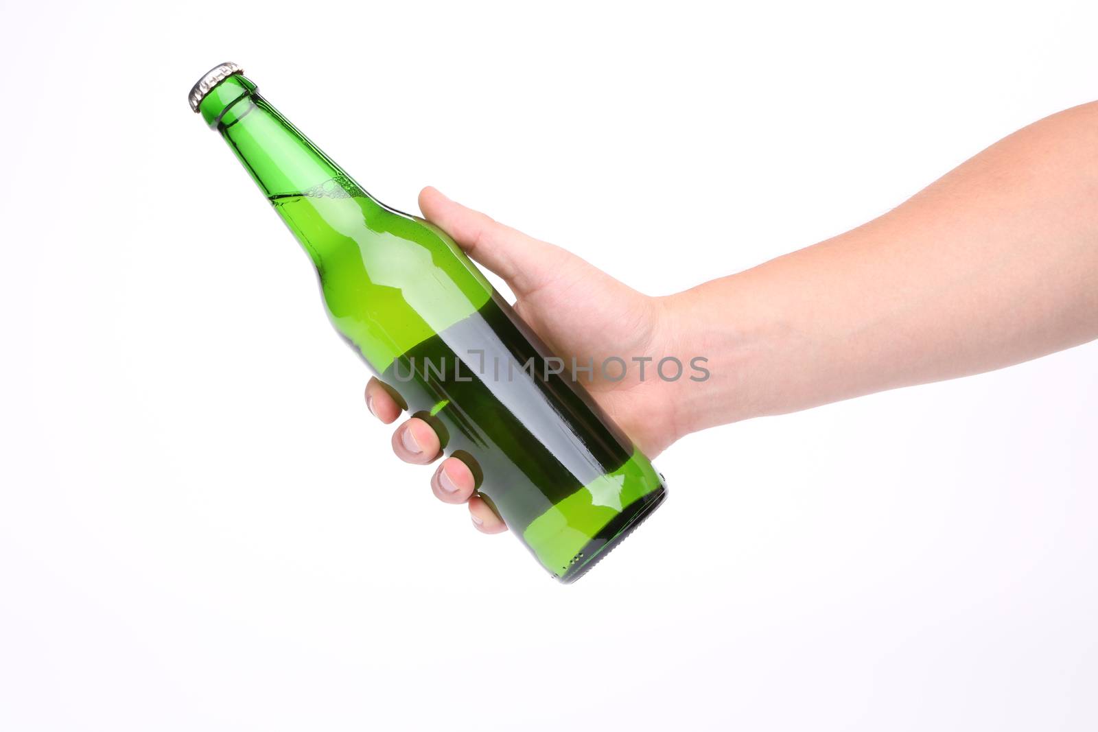 Hand with beer bottle isolated