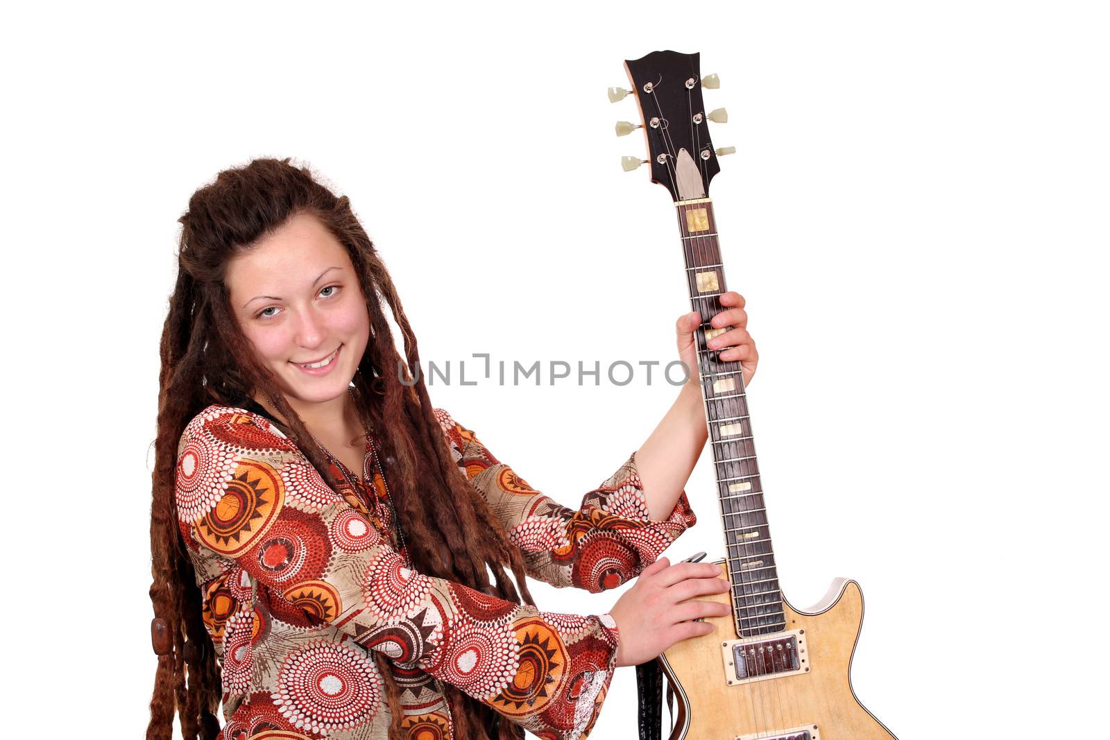 happy girl with dreadlocks and guitar posing by goce