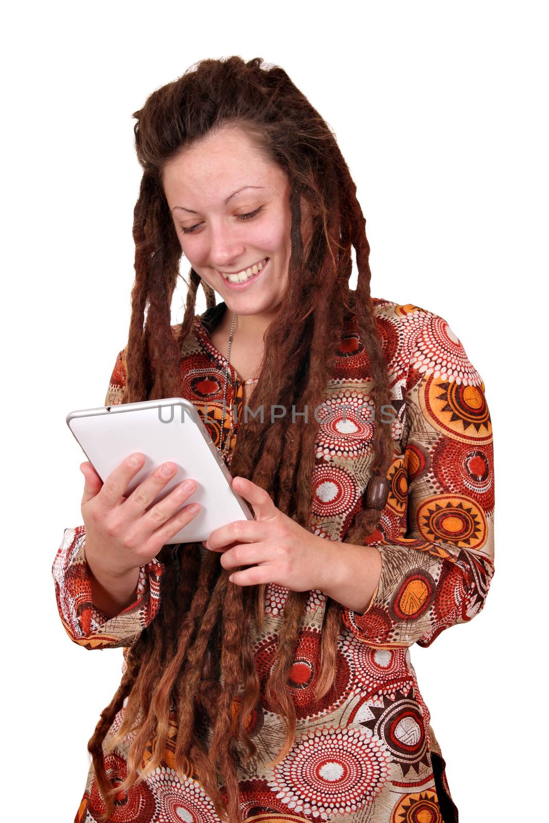 happy girl with dreadlocks hair play tablet pc by goce