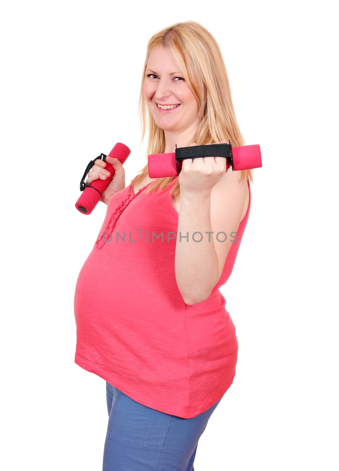 pregnant woman exercise with dumbbells by goce