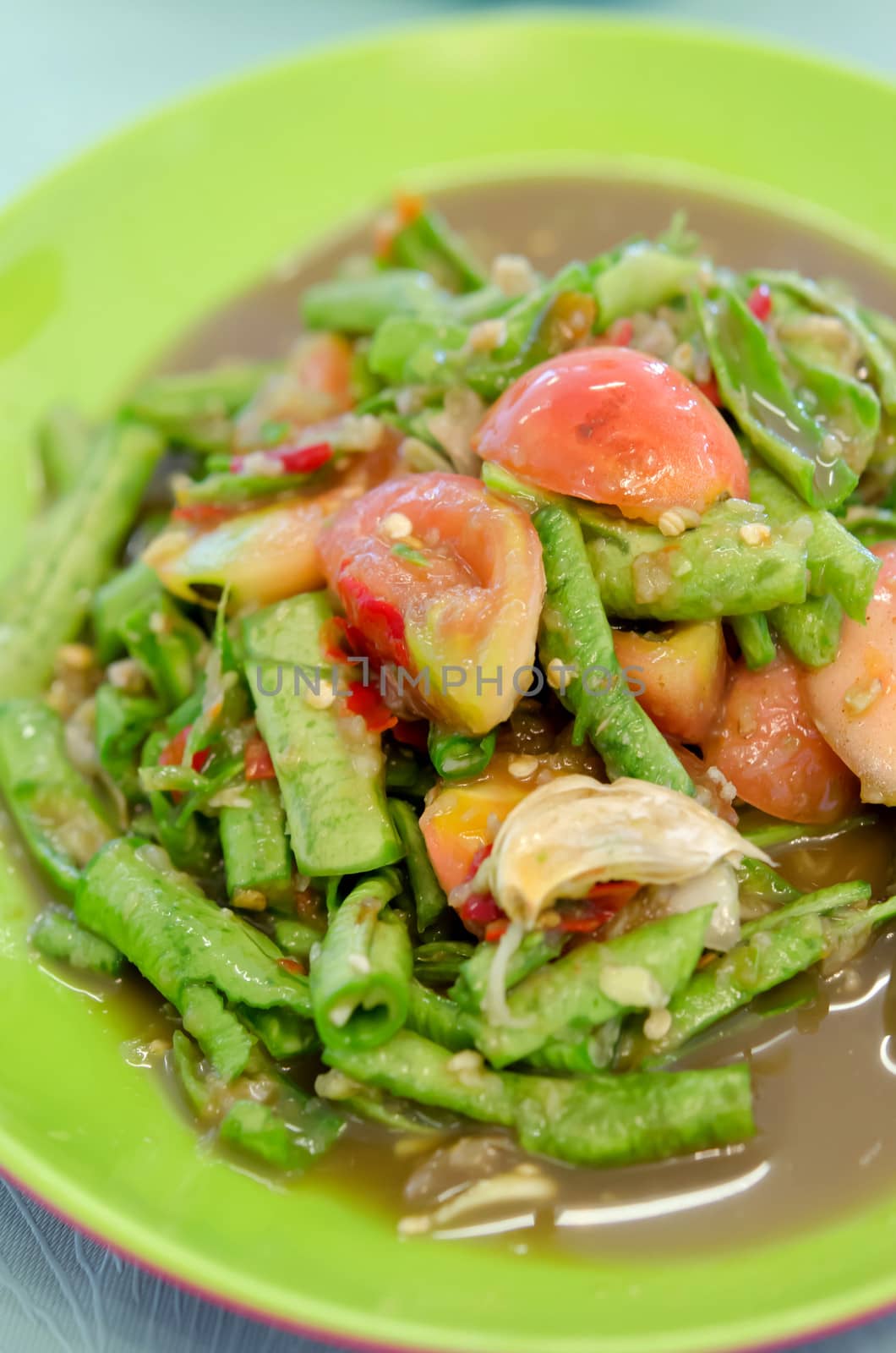 close up spicy cowpea salad, asian food