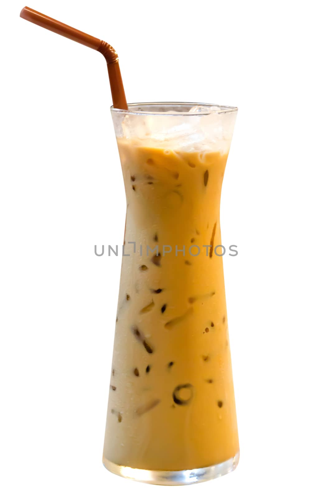  ice coffee  with  drinking straw over white background .