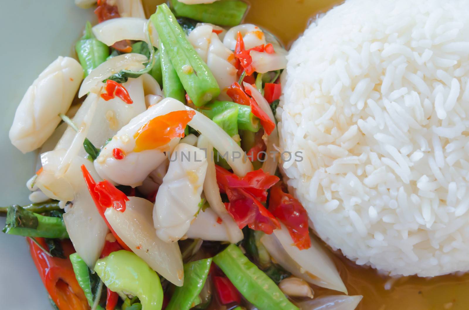 top view  squid  fried with chili pepper and mix vegetable served with steamed  rice on dish