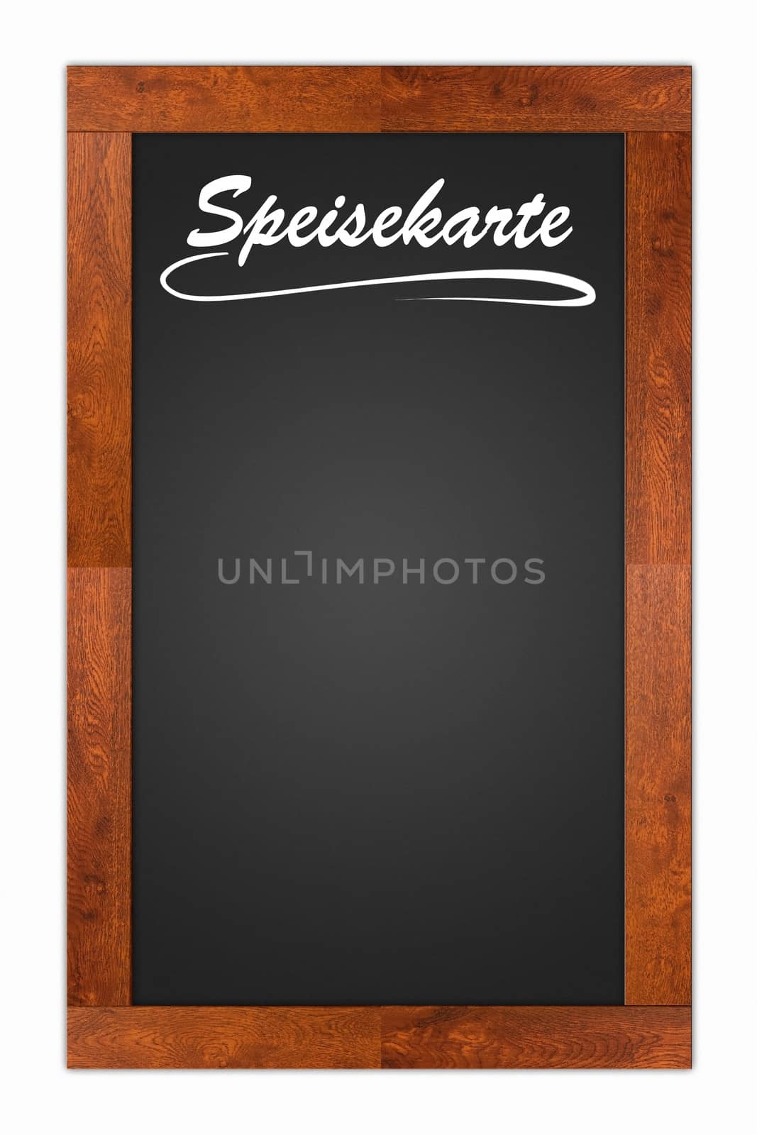 "Speisekarte" (Menu) written on a blank blackboard with wooden frame isolated on white background