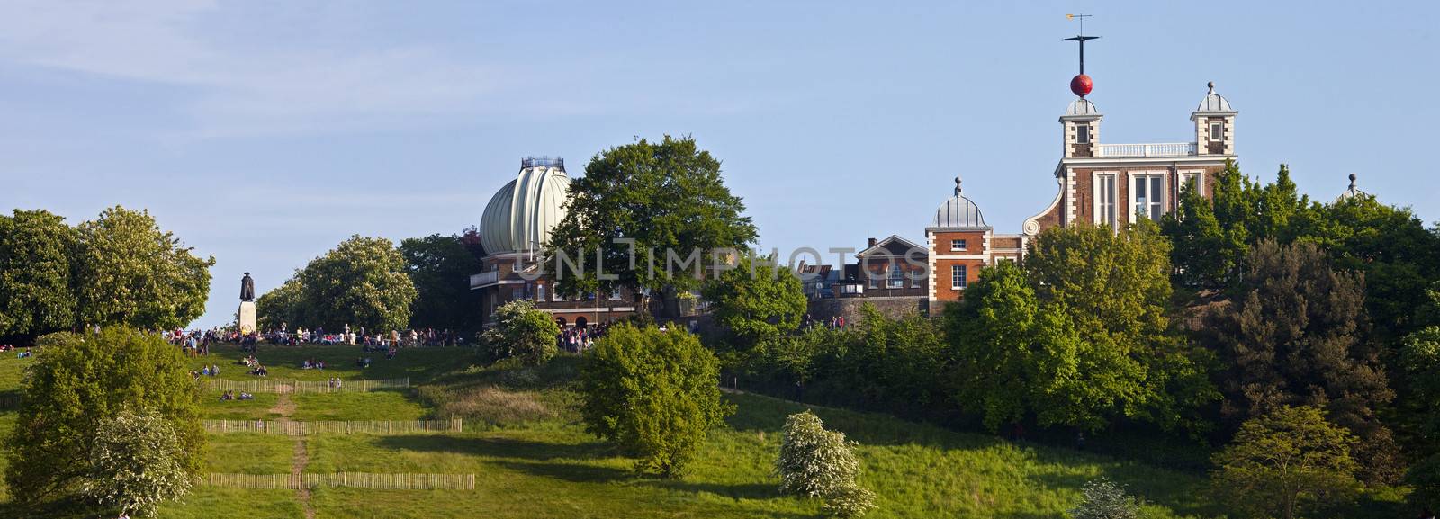 A panoramic view of the Royal Observatory and the General Wolfe statue in Greenwich, London.