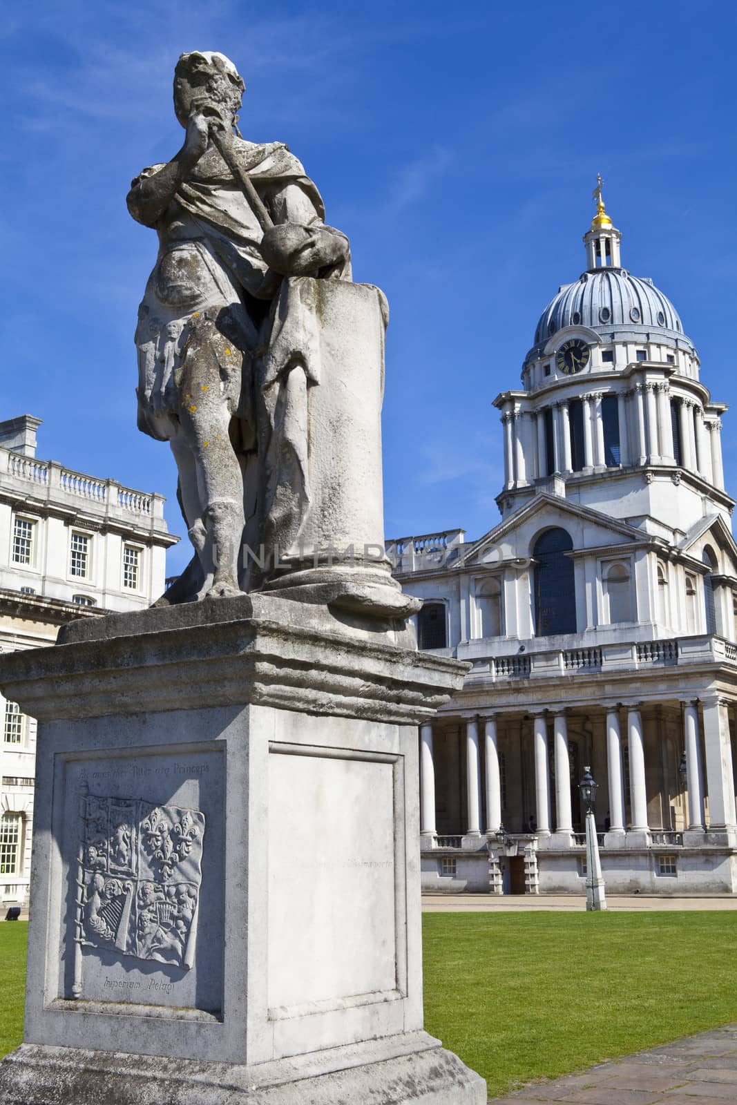 King George II statue and the architecture of Queen Mary Court at the Royal Naval College in Greenwich, London.