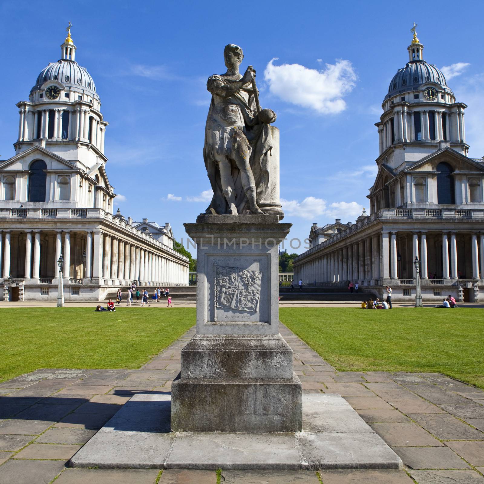 The King George II statue with Queen Mary Court and King William Court in Greenwich, London.