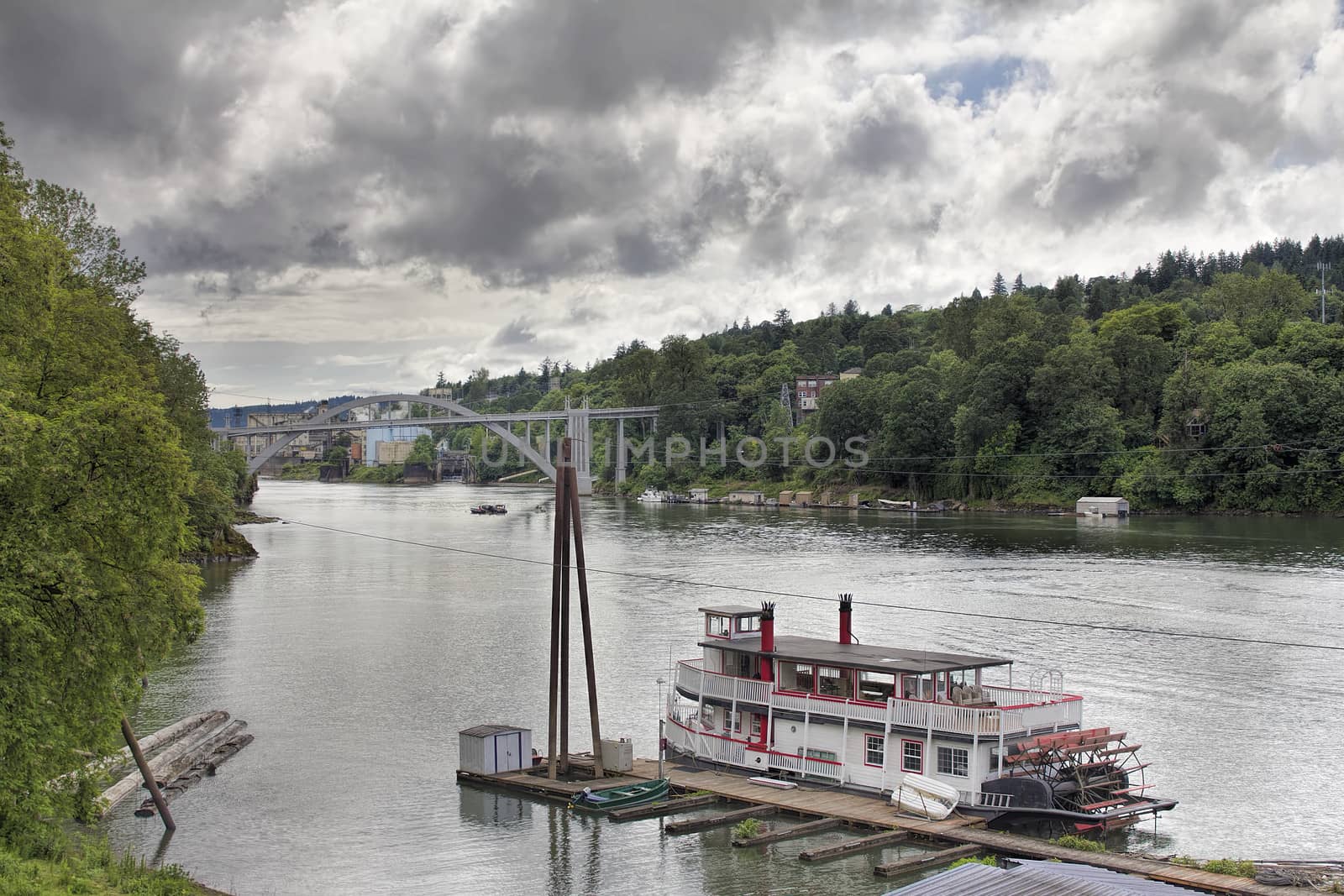 Historic Sternwheeler Docked Along Willamette River in Oregon City