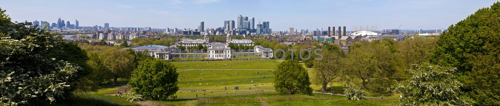 A beautiful panoramic shot taken from the Greenwich Observatory in London.  The view takes in sights such as Docklands, the Royal Naval College, the Gherkin, Millennium Dome, Greenwich Power Station and the River Thames.