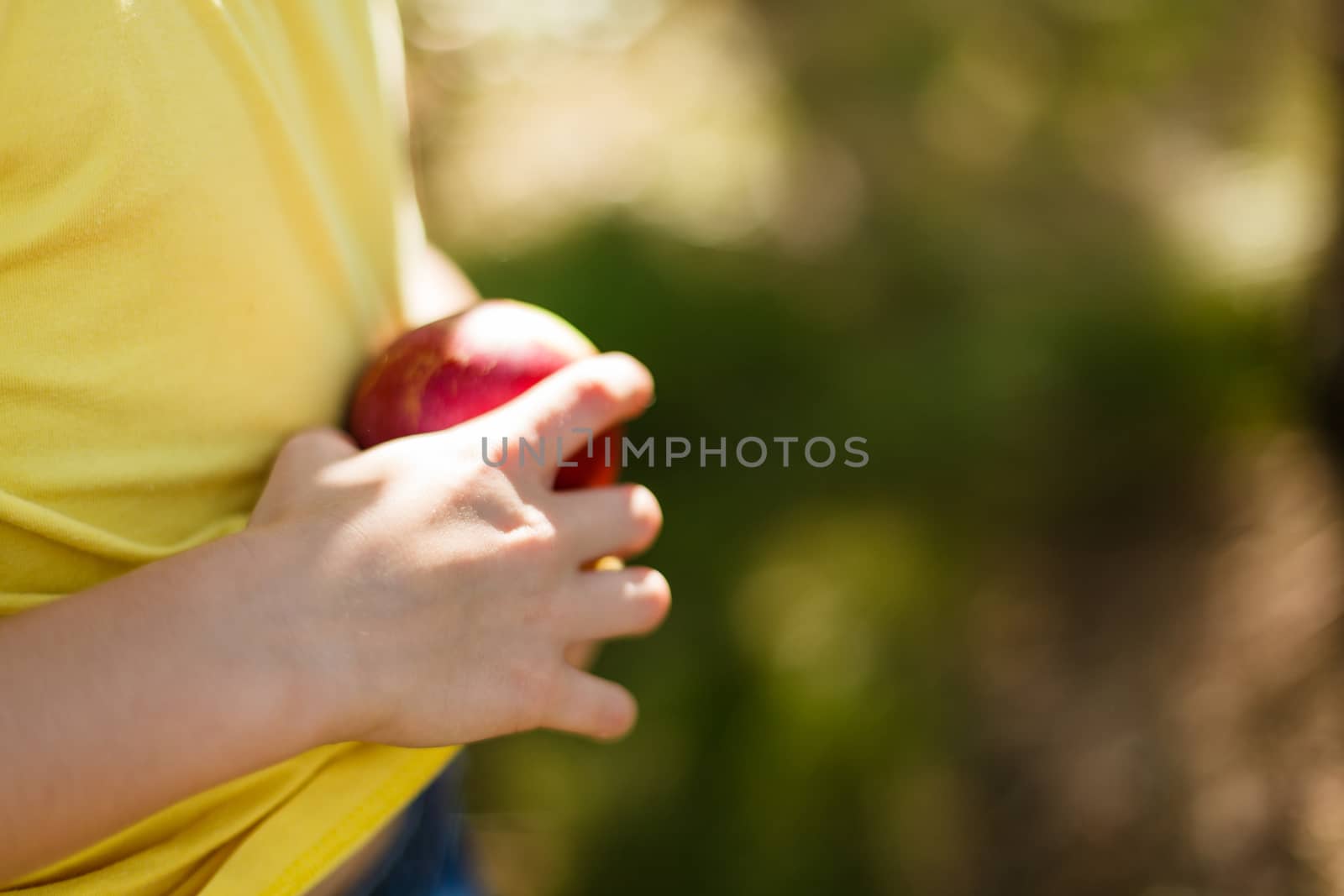 Girl cleaning a red apple on her shirt