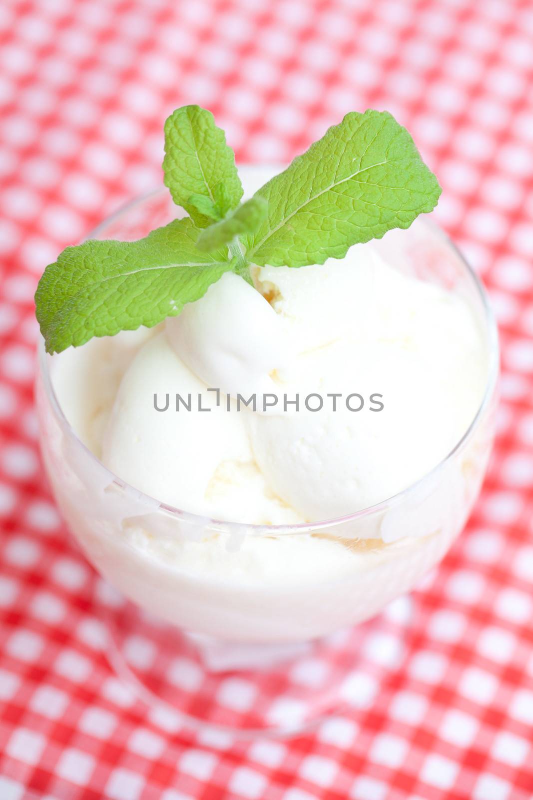 ice cream with mint in a glass bowl on plaid fabric by jannyjus