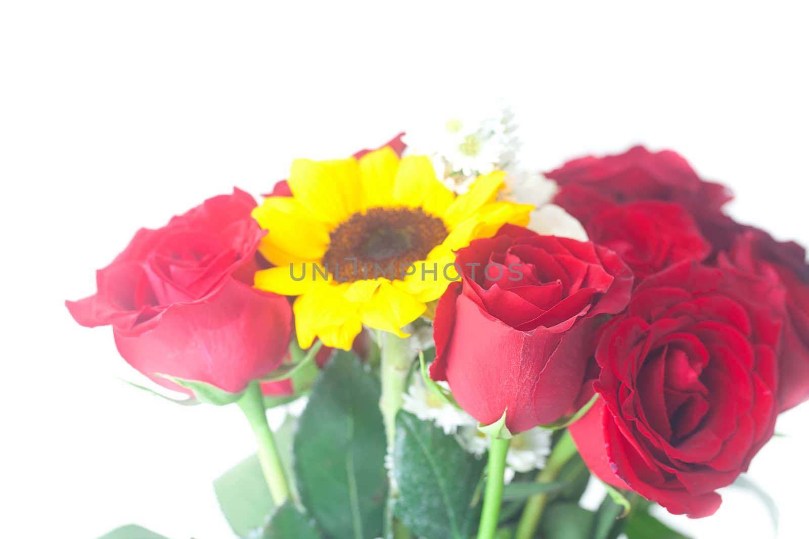 bouquet of red roses and sunflowers