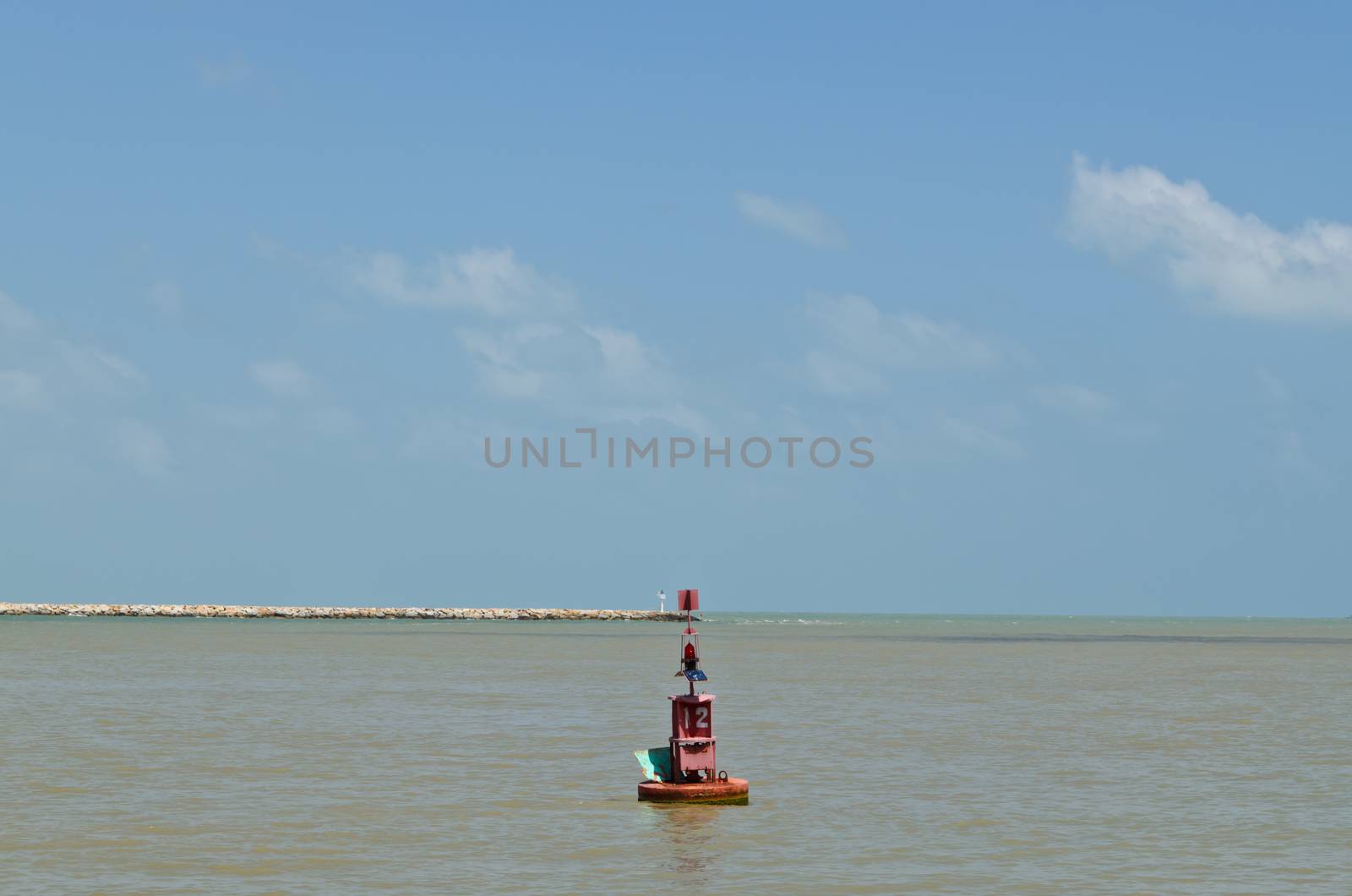 Red buoy floating in the sea in blue sky day