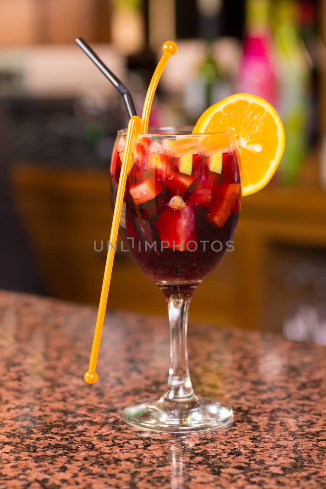 Glass of sangria on a bar counter