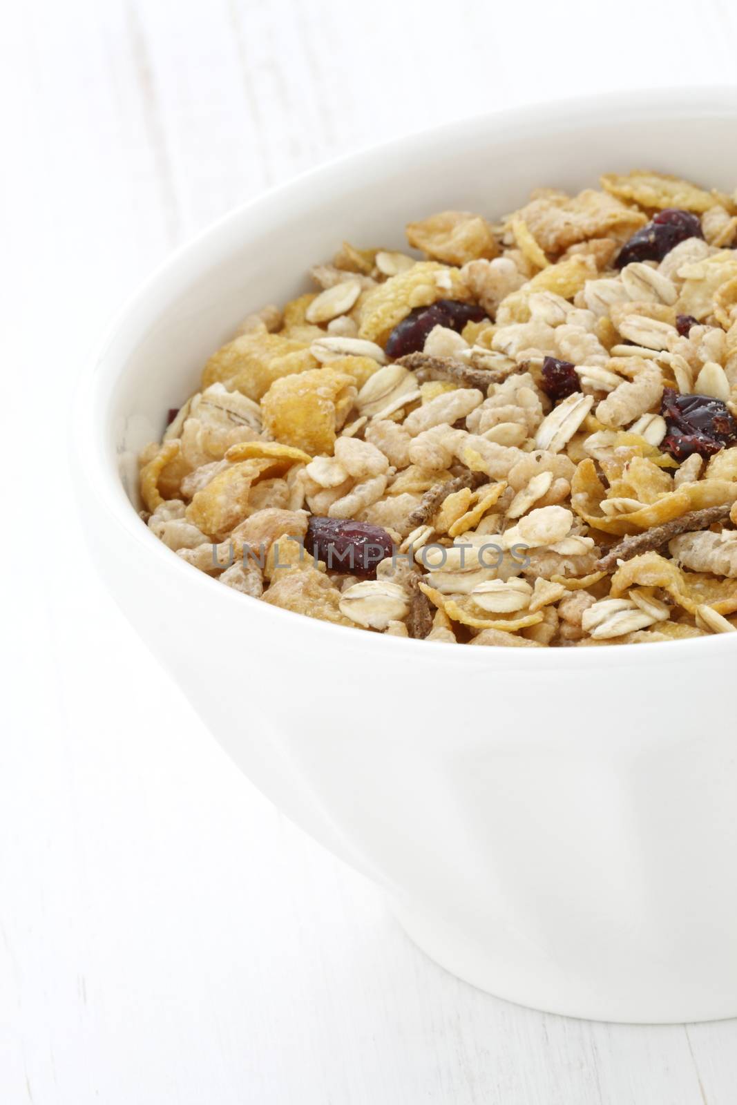 Delicious and nutritious lightly toasted breakfast muesli or granola cereal.