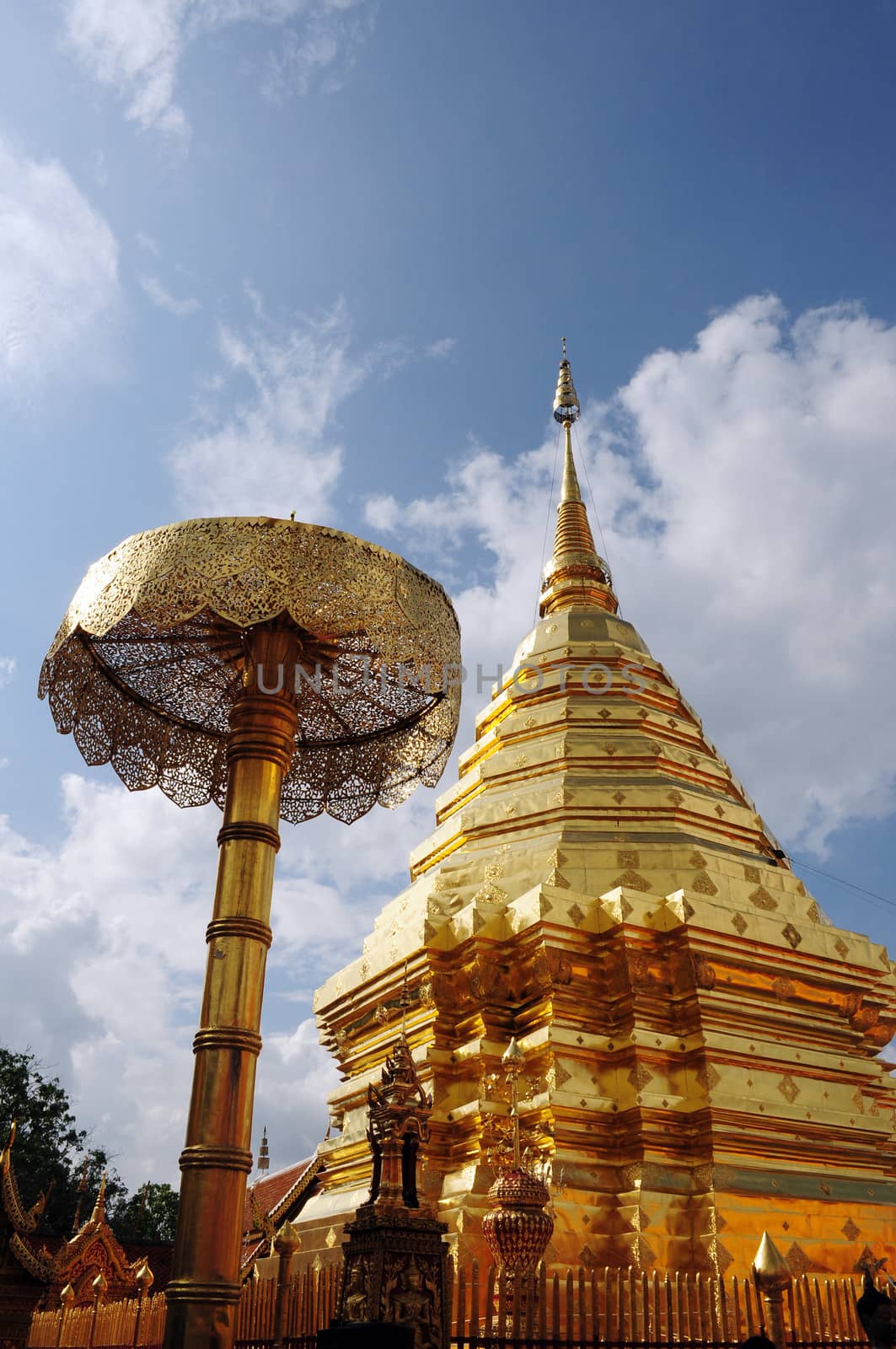 Golden tower of the Suthep Temple in Chiang Mai, Thailand